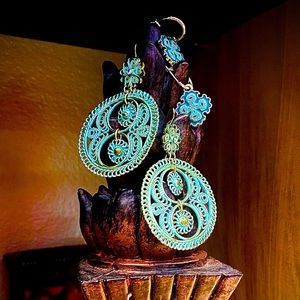Set of 2: Earrings, teal and metal Boho style.